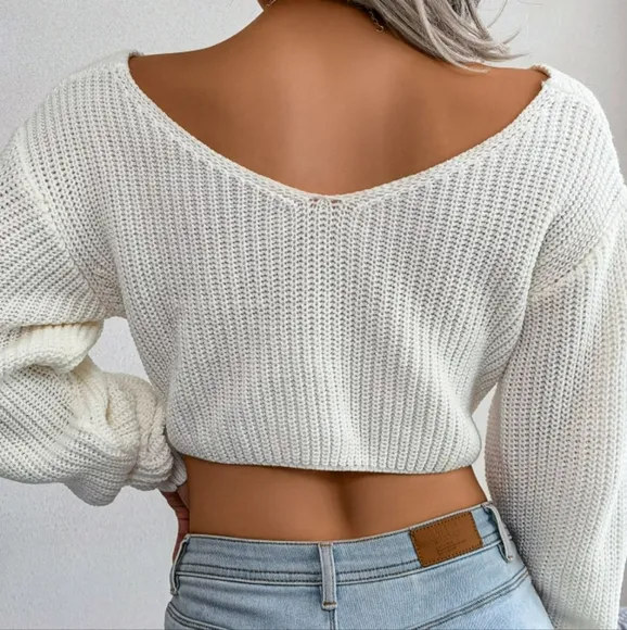 Twist Knot Waffle Knit Sweater Wrap Crop Top Long Sleeve V-neck Shirt Knitwear