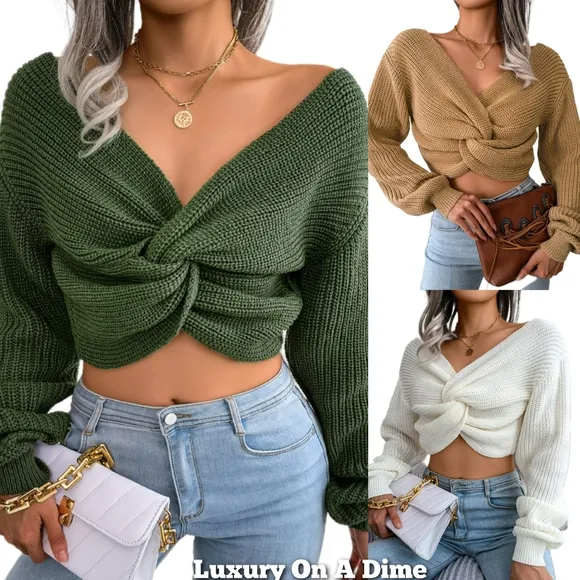 Twist Knot Waffle Knit Sweater Wrap Crop Top Long Sleeve V-neck Shirt Knitwear