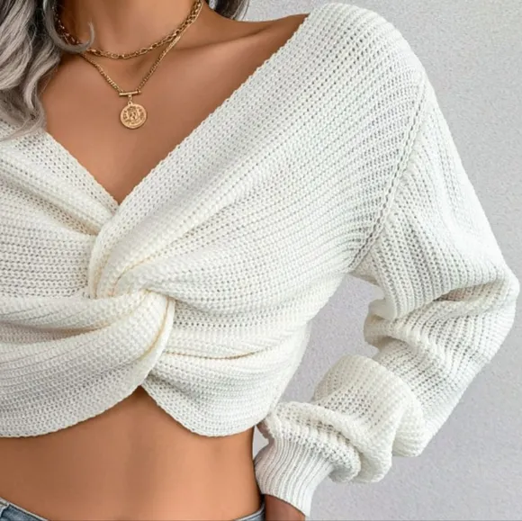 Twist Knot Waffle Knit Sweater Wrap Crop Top Long Sleeve V-neck Shirt Knitwear