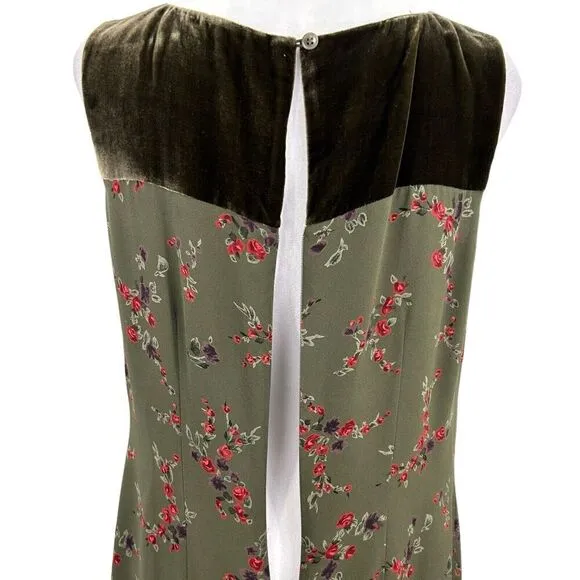 Tyler Boe Women's Maxi Sheath Dress 100% Silk Velvet Trim Rose Print Size 8 Vtg