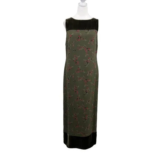 Tyler Boe Women's Maxi Sheath Dress 100% Silk Velvet Trim Rose Print Size 8 Vtg
