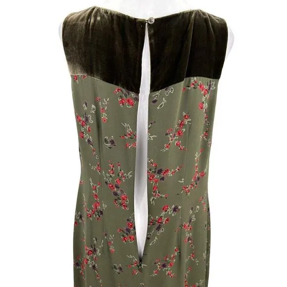 Tyler Boe Women's Maxi Sheath Dress 100% Silk Velvet Trim Rose Print Size 8 Vtg