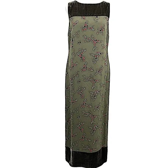 Tyler Boe Women's Maxi Sheath Dress 100% Silk Velvet Trim Rose Print Size 8 Vtg