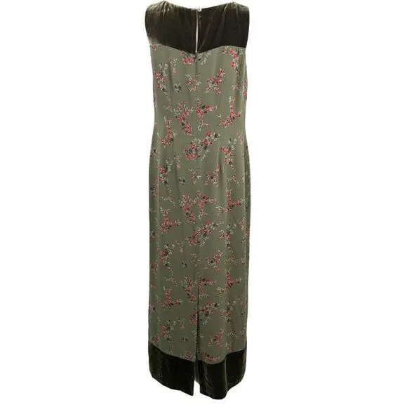Tyler Boe Women's Maxi Sheath Dress 100% Silk Velvet Trim Rose Print Size 8 Vtg