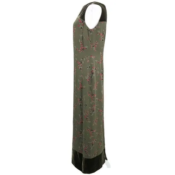 Tyler Boe Women's Maxi Sheath Dress 100% Silk Velvet Trim Rose Print Size 8 Vtg