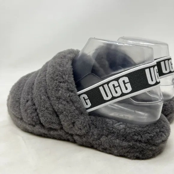 UGG 1098494K Fluff Yeah Slide Gray Sheepskin Wool Slippers Big Kid Youth Size 4