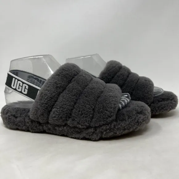 UGG 1098494K Fluff Yeah Slide Gray Sheepskin Wool Slippers Big Kid Youth Size 4