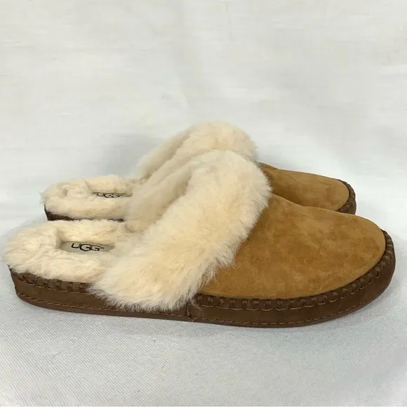 UGG Aira Suede Slippers Sz 10 Chestnut Shearling Hard Sole Slide Mule