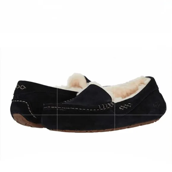UGG ANSLEY BLACK SILKE SUEDE MOCCASIN  SLIPPERS