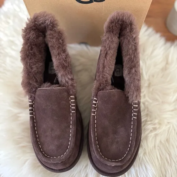 UGG Ansley Parc Sz 7 Burnt Cedar 🔥 Brown Suede Fur Slipper Boots  FREE ♠️ GIFT 🎁