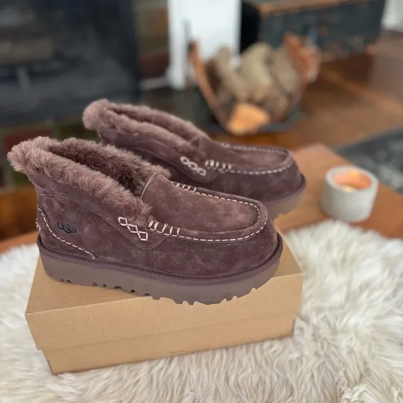 UGG Ansley Parc Sz 7 Burnt Cedar 🔥 Brown Suede Fur Slipper Boots  FREE ♠️ GIFT 🎁