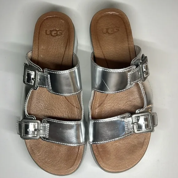 Ugg Ardyne Silver Platform Wedge Slide Leather Slippers  Women’s US 5.5