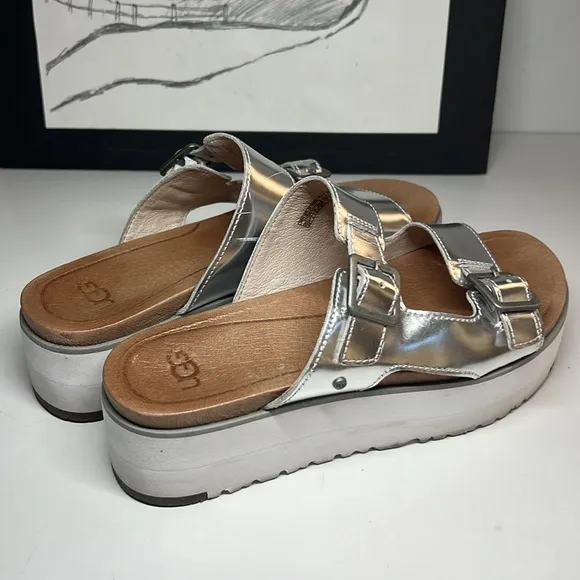 Ugg Ardyne Silver Platform Wedge Slide Leather Slippers  Women’s US 5.5