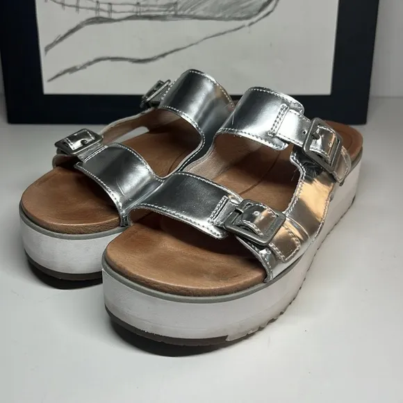 Ugg Ardyne Silver Platform Wedge Slide Leather Slippers  Women’s US 5.5