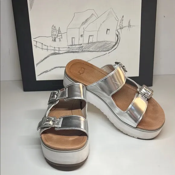 Ugg Ardyne Silver Platform Wedge Slide Leather Slippers  Women’s US 5.5