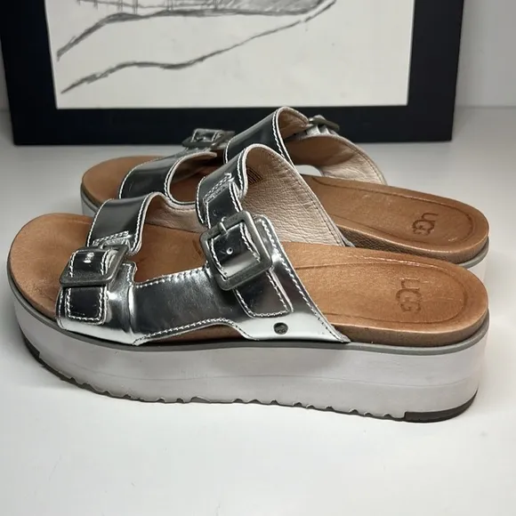 Ugg Ardyne Silver Platform Wedge Slide Leather Slippers  Women’s US 5.5