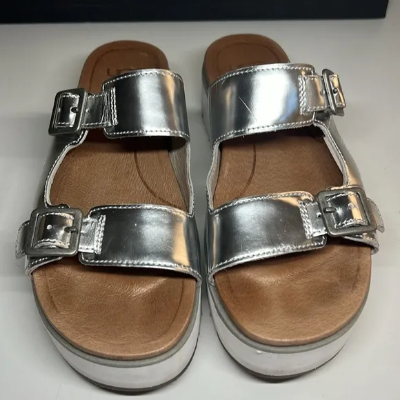 Ugg Ardyne Silver Platform Wedge Slide Leather Slippers  Women’s US 5.5