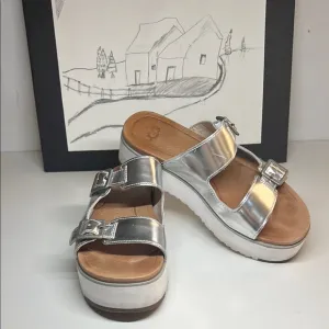 Ugg Ardyne Silver Platform Wedge Slide Leather Slippers  Women’s US 5.5