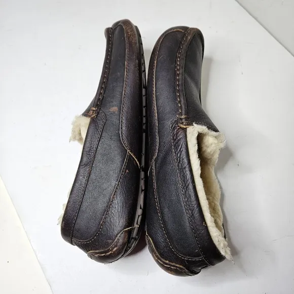 UGG Ascot Leather Slippers Shearling Lined Rubber Soles Deep Brown Men's 12