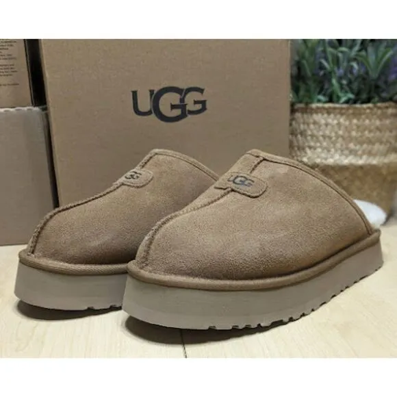UGG Chestnut Brown Discoquette Platform Suede Slide Slippers Women's Size 9 NIB