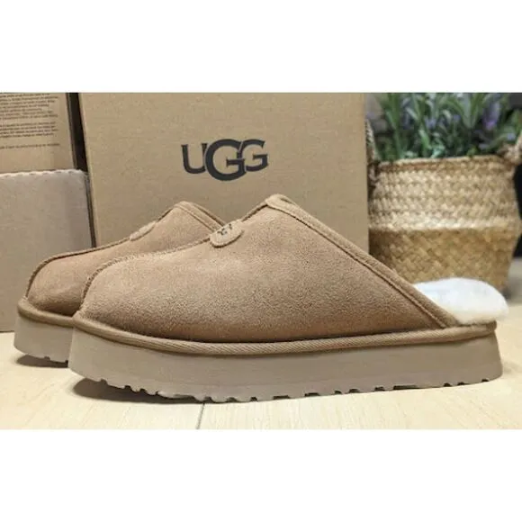 UGG Chestnut Brown Discoquette Platform Suede Slide Slippers Women's Size 9 NIB
