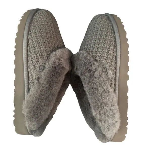 UGG Cluggette Knit Women's Cozy Slippers Charcoal Faux Fur, Size 10 Worn Once