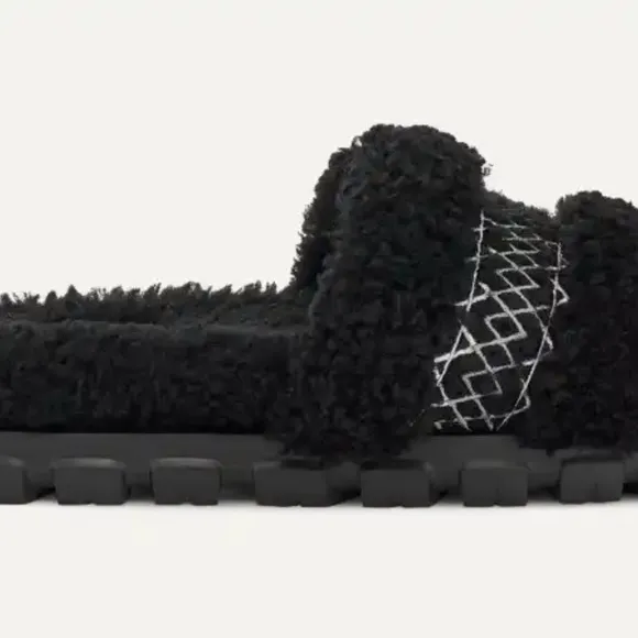 UGG Cozetta UGG Tasman Braid Sheepskin Fur Logo Slip On Slide Slippers Black NEW