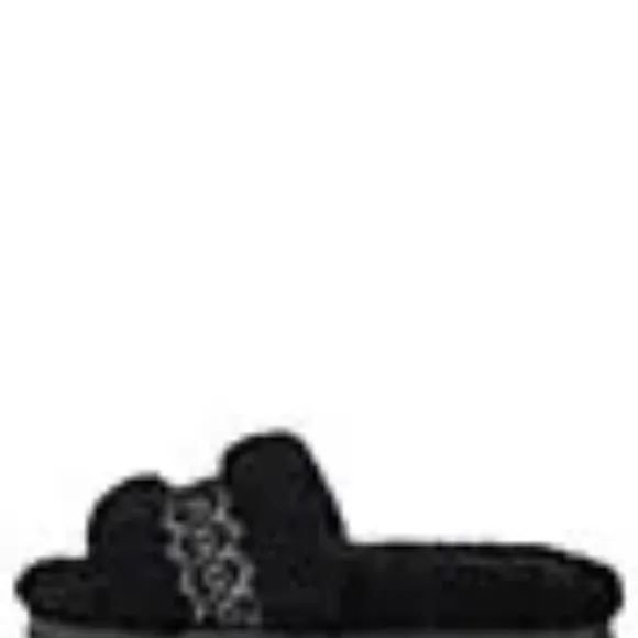 UGG Cozetta UGG Tasman Braid Sheepskin Fur Logo Slip On Slide Slippers Black NEW