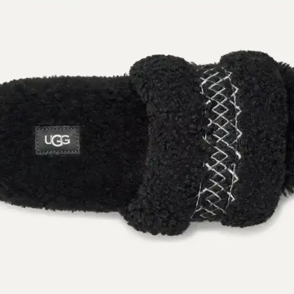 UGG Cozetta UGG Tasman Braid Sheepskin Fur Logo Slip On Slide Slippers Black NEW