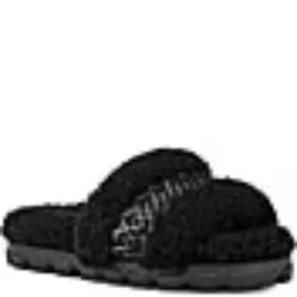 UGG Cozetta UGG Tasman Braid Sheepskin Fur Logo Slip On Slide Slippers Black NEW