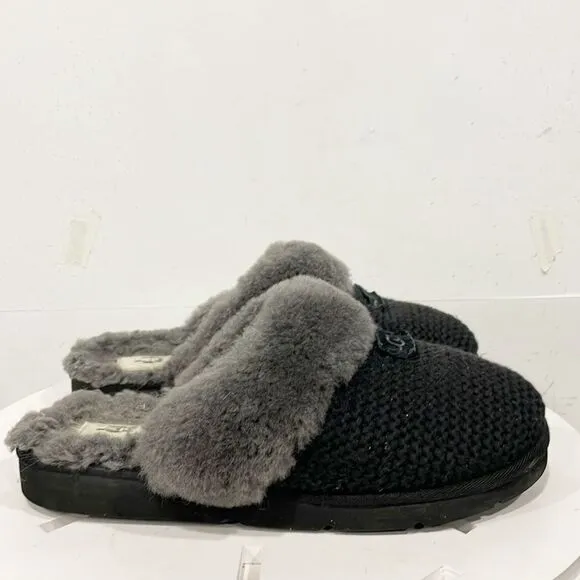 UGG Cozy slip-on slippers Womens Sz 9.5 Knit Upper Fur lining Black Gray