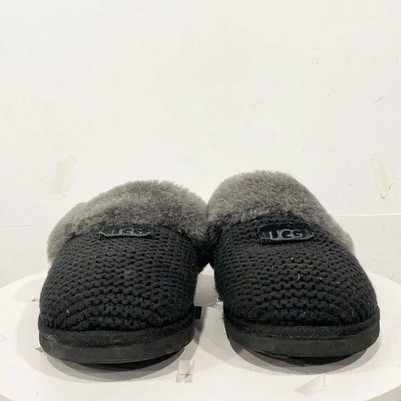 UGG Cozy slip-on slippers Womens Sz 9.5 Knit Upper Fur lining Black Gray