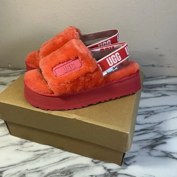 UGG Disco Slide Sandals Womens Red Shearling Sheepskin Platform Slippers Y2K NEW