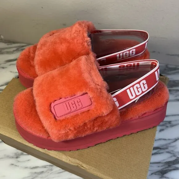 UGG Disco Slide Sandals Womens Red Shearling Sheepskin Platform Slippers Y2K NEW