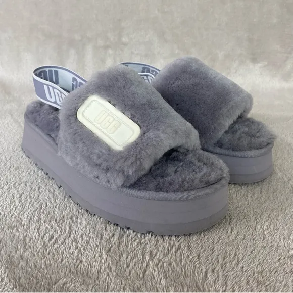 UGG Disco Slide Womens Platform Slippers Size 8 Ash Fog Gray Blue Sheepskin NEW