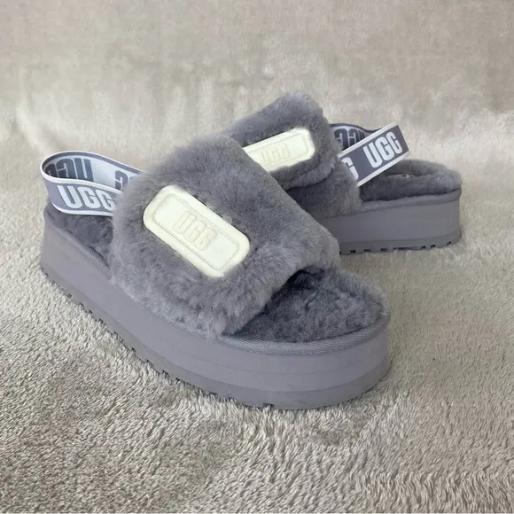 UGG Disco Slide Womens Platform Slippers Size 8 Ash Fog Gray Blue Sheepskin NEW