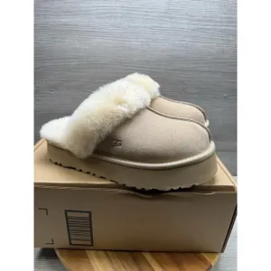UGG DISQUETTE SAND SUEDE/ SHEEPSKIN PLATFORM SLIPPERS, Women’s 8