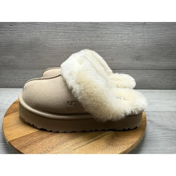 UGG DISQUETTE SAND SUEDE/ SHEEPSKIN PLATFORM SLIPPERS, Women’s 8
