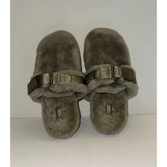 UGG Fluff It Slippers Shearling Lamb Fur Green Slip Ons Wool Mens Size 8.0