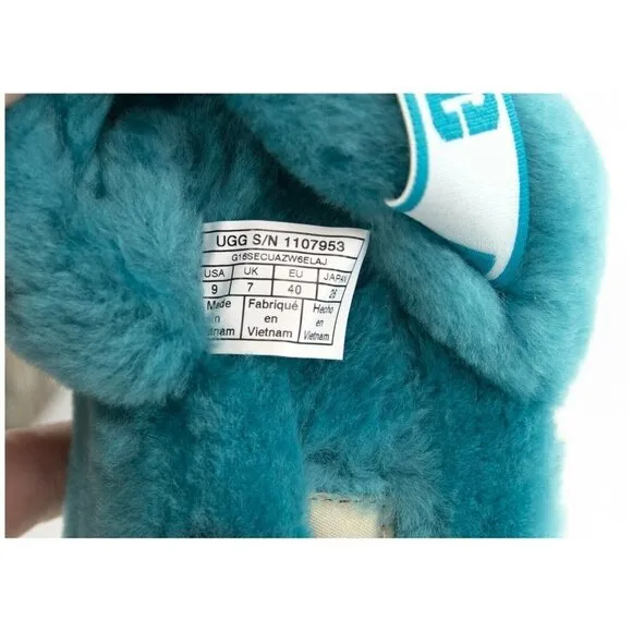 UGG Fluff Oh Yea Aqua Blue Sheepskin Fur Slippers Slides Sandals NIB
