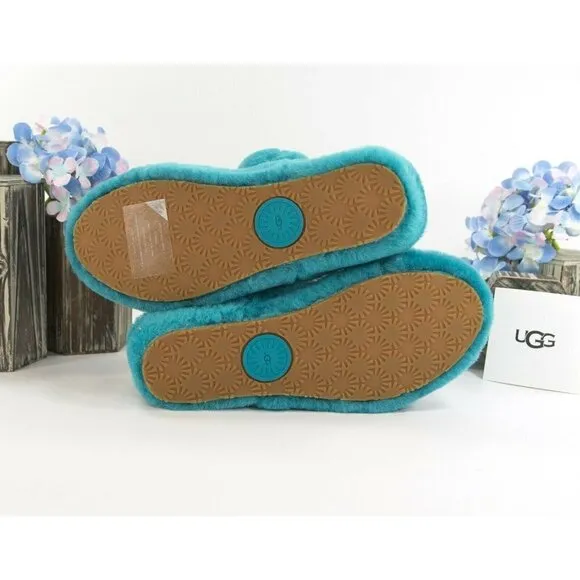 UGG Fluff Oh Yea Aqua Blue Sheepskin Fur Slippers Slides Sandals NIB