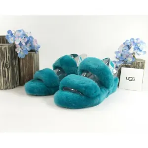 UGG Fluff Oh Yea Aqua Blue Sheepskin Fur Slippers Slides Sandals NIB