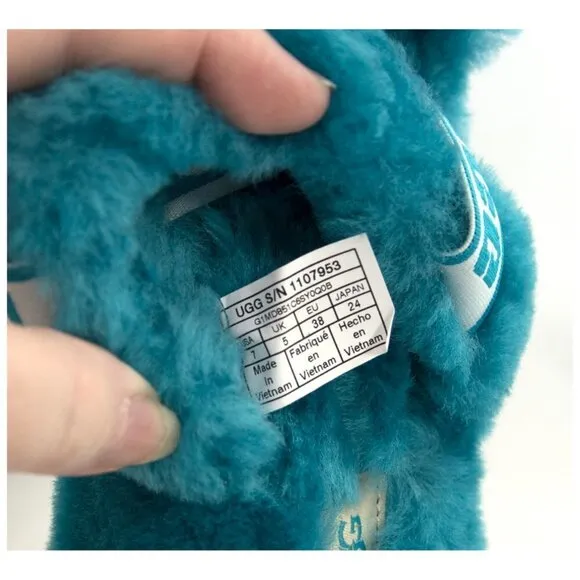 UGG Fluff Oh Yea Aqua Blue Sheepskin Fur Slippers Slides Sandals NIB