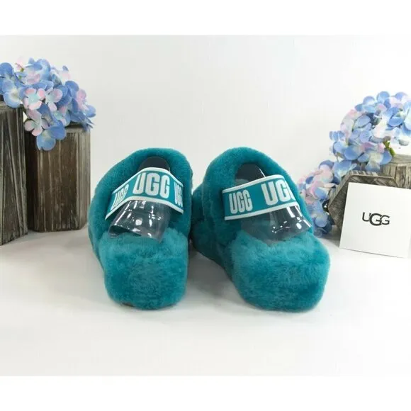 UGG Fluff Oh Yea Aqua Blue Sheepskin Fur Slippers Slides Sandals NIB