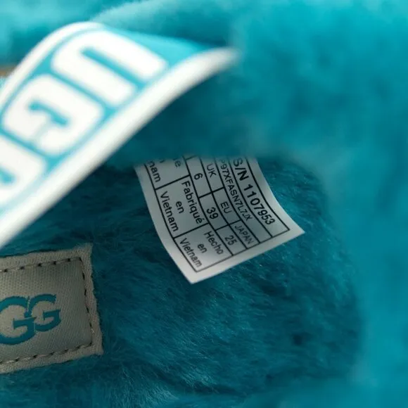UGG Fluff Oh Yea Aqua Blue Sheepskin Fur Slippers Slides Sandals NIB