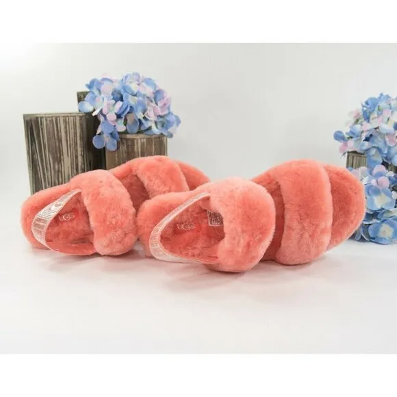 UGG Fluff Oh Yea Coral Bling Sheepskin Fur Slippers Slides Sandals Sz 6 NIB