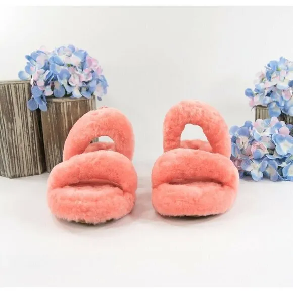 UGG Fluff Oh Yea Coral Bling Sheepskin Fur Slippers Slides Sandals Sz 6 NIB