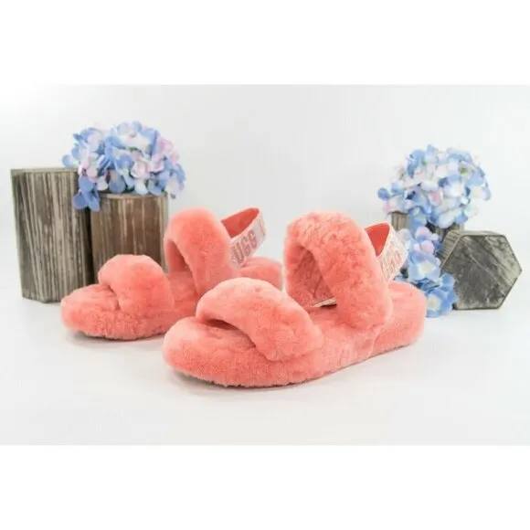 UGG Fluff Oh Yea Coral Bling Sheepskin Fur Slippers Slides Sandals Sz 6 NIB