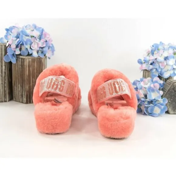 UGG Fluff Oh Yea Coral Bling Sheepskin Fur Slippers Slides Sandals Sz 6 NIB