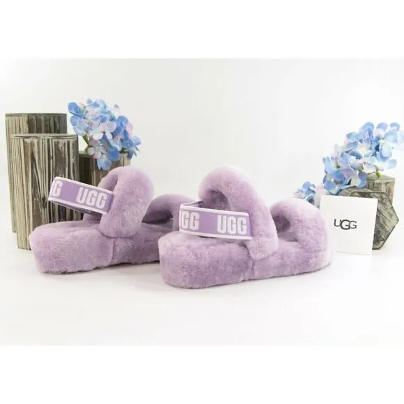 UGG Fluff Oh Yea Lilac Purple Sheepskin Fur Slippers Slides Sandals NIB